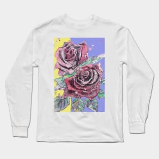 Red Rose Watercolor Painting on Lavender and Yellow Long Sleeve T-Shirt